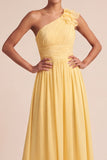 One Shoulder A Line Yellow Pleated Long Bridesmaid Dress