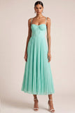 Mint Green A Line Pleated Spaghetti Straps Long Bridesmaid Dress