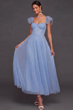 Light Blue A Line Pleated Long Bridesmaid Dress