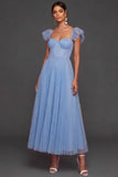 Light Blue A Line Pleated Long Bridesmaid Dress
