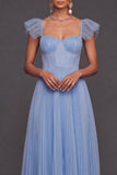 Light Blue A Line Pleated Long Bridesmaid Dress