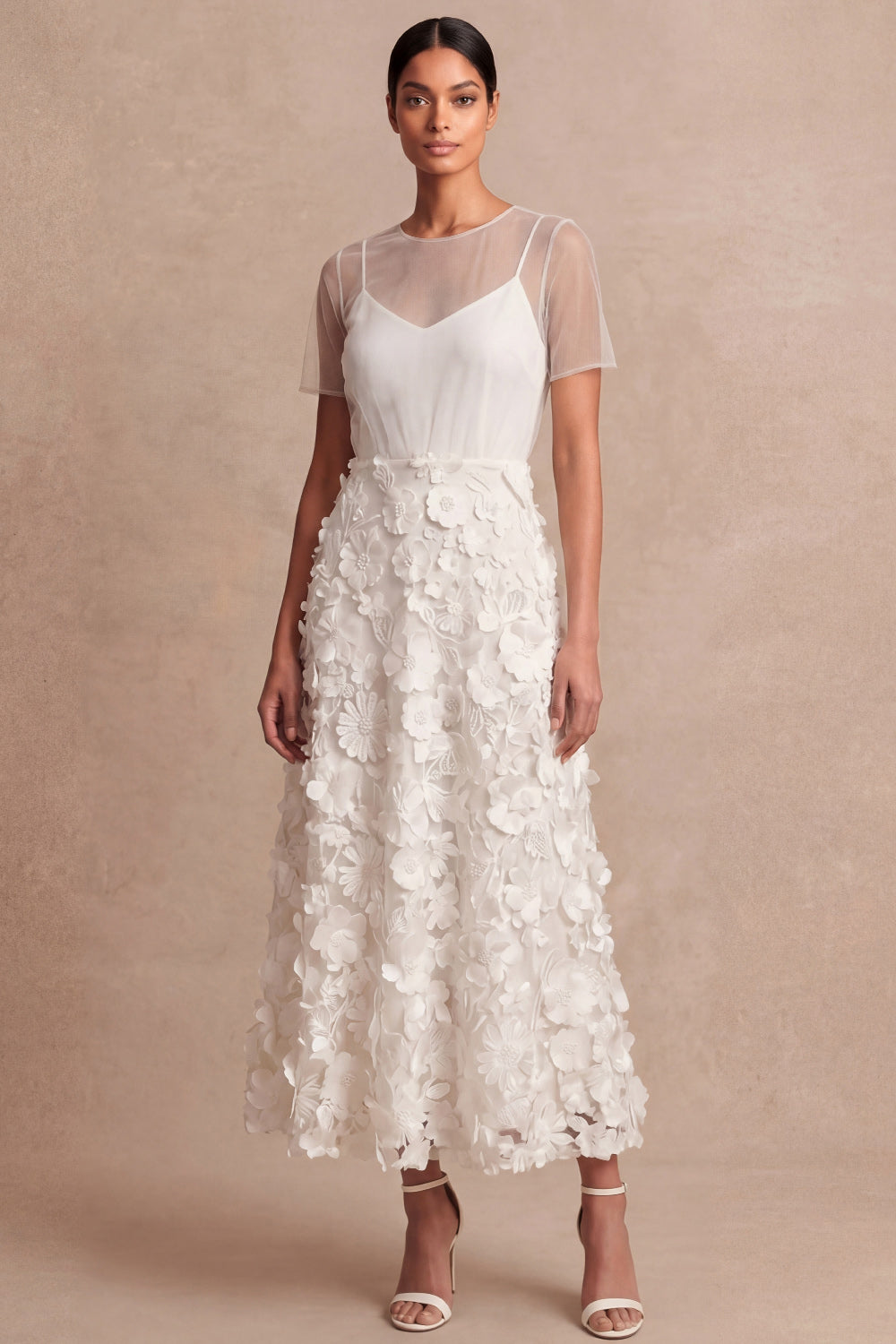 Leely Women White Floral A Line Appliqued Midi Engagement Dress