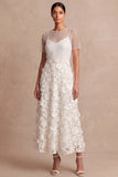 White Floral A Line Appliqued Midi Engagement Dress