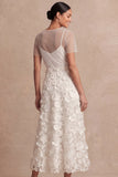 White Floral A Line Appliqued Midi Engagement Dress