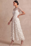 White Floral A Line Appliqued Midi Engagement Dress