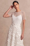 White Floral A Line Appliqued Midi Engagement Dress