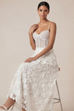 A Line Spaghetti Straps Corset White Appliqued Midi Engagement Dress