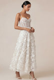 A Line Spaghetti Straps Corset White Appliqued Midi Engagement Dress
