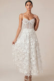 A Line Spaghetti Straps Corset White Appliqued Midi Engagement Dress