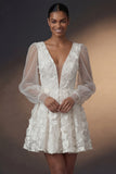 A Line Floral Appliqued V Neck Short Bridal Shower Dress
