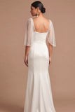 Satin Sheath White Spaghetti Straps Long Engagement Dress with Cape