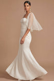 Satin Sheath White Spaghetti Straps Long Engagement Dress with Cape