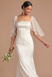 Satin Sheath White Spaghetti Straps Long Engagement Dress with Cape