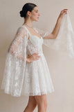 Lace White A Line Corset Short Engagement Dress with Cape