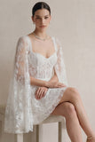 Lace White A Line Corset Short Engagement Dress with Cape