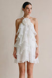 White Halter A Line Ruffled Short Bridal Shower Dress with Flower