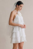 White Halter A Line Ruffled Short Bridal Shower Dress with Flower