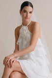 White Halter A Line Ruffled Short Bridal Shower Dress with Flower