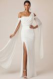 White Ruched Sheath Long Engagement Dress with Slit