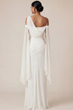 White Ruched Sheath Long Engagement Dress with Slit