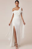 White Ruched Sheath Long Engagement Dress with Slit