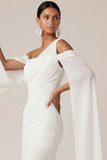 White Ruched Sheath Long Engagement Dress with Slit