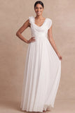 A Line White Pleated Backless Long Engagement Dress