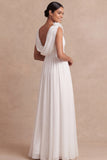 A Line White Pleated Backless Long Engagement Dress