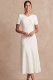 White V Neck A Line Short Sleeves Midi Engagement Dress