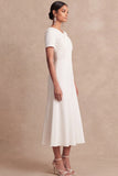 White V Neck A Line Short Sleeves Midi Engagement Dress