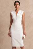 Sheath White V Neck Midi Work Dress
