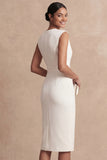 Sheath White V Neck Midi Work Dress