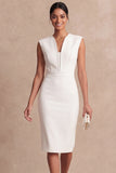 Sheath White V Neck Midi Work Dress