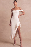 Ivory Off the Shoulder Asymmetrical Engagement Dress with Ruffles
