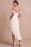 Ivory Off the Shoulder Asymmetrical Engagement Dress with Ruffles