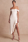 Ivory Off the Shoulder Asymmetrical Engagement Dress with Ruffles