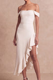 Ivory Off the Shoulder Asymmetrical Engagement Dress with Ruffles