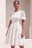 White Floral Appliqued A Line Short Bridal Shower Dress with Sleeves
