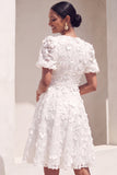 White Floral Appliqued A Line Short Bridal Shower Dress with Sleeves