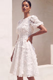White Floral Appliqued A Line Short Bridal Shower Dress with Sleeves