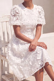 White Floral Appliqued A Line Short Bridal Shower Dress with Sleeves