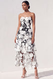 White and Black Floral Appliqued Midi Wedding Reception Dress