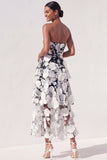 White and Black Floral Appliqued Midi Wedding Reception Dress