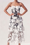 White and Black Floral Appliqued Midi Wedding Reception Dress