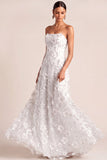 White Floral A Line Appliqued Long Engagement Dress
