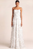 White Floral A Line Appliqued Long Engagement Dress