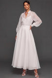A Line White Long Sleeves Engagement Dress with Buttons