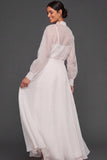 A Line White Long Sleeves Engagement Dress with Buttons