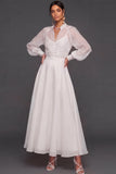 A Line White Long Sleeves Engagement Dress with Buttons
