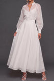 A Line White Long Sleeves Engagement Dress with Buttons